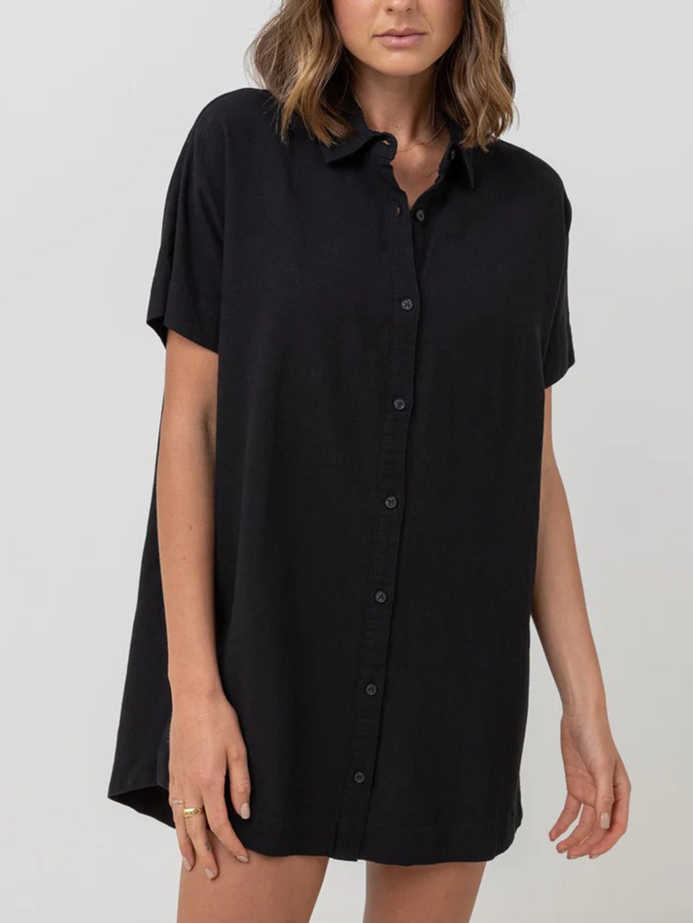 Black oversized button store front shirt dress