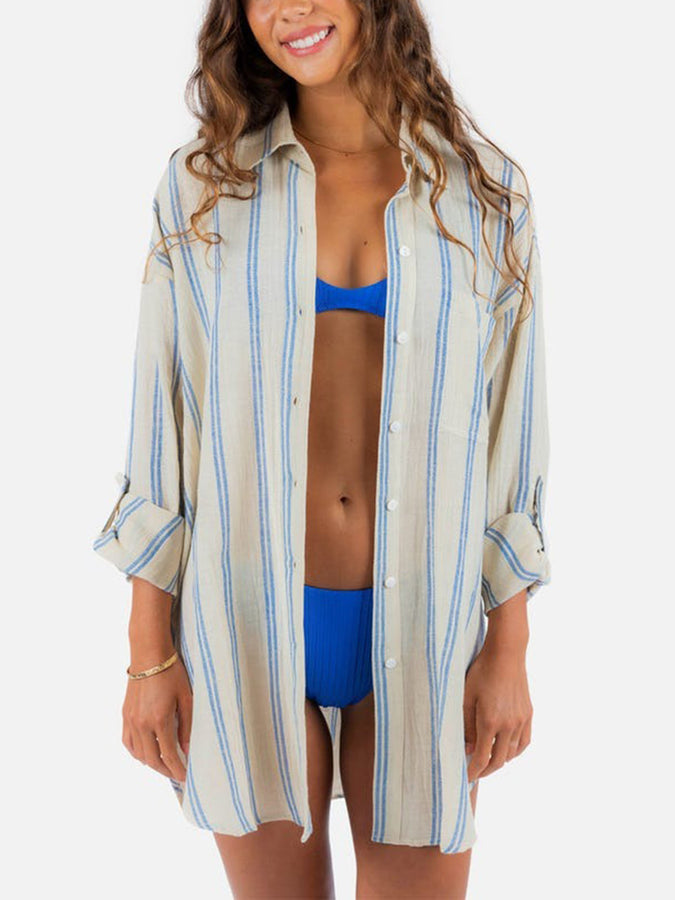Rip Curl Summer 2024 Premium Surf Holiday Stripe Long Sleeve Buttondown Shirt |  BLUE (0070)