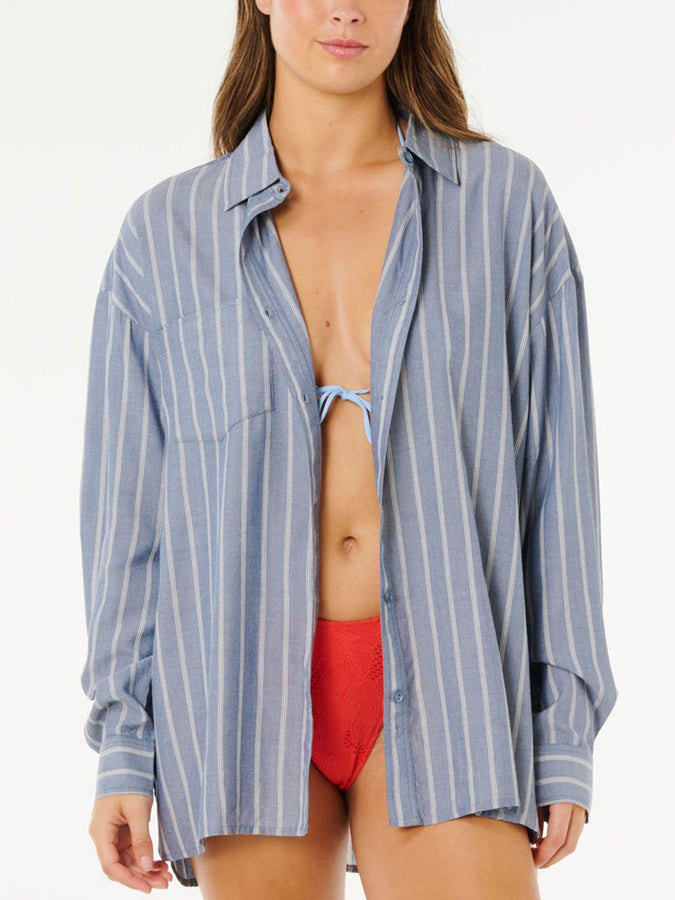 Rip Curl Beach Days Pinstripe Long Sleeve Buttondown Shirt Spring 2026 | DUSTY BLUE (3458)
