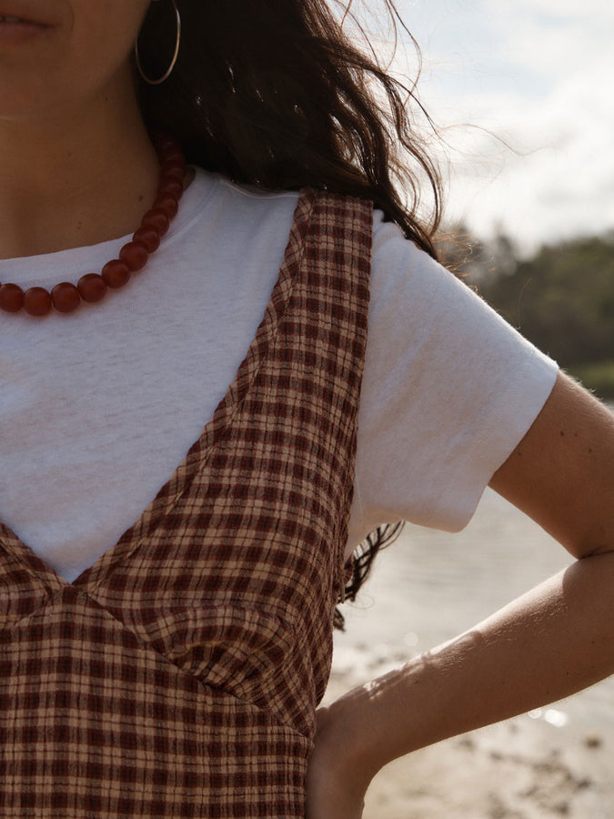 Afends Capricorn Dress Spring 2026 | BURGUNDY/BEIGE CHECK