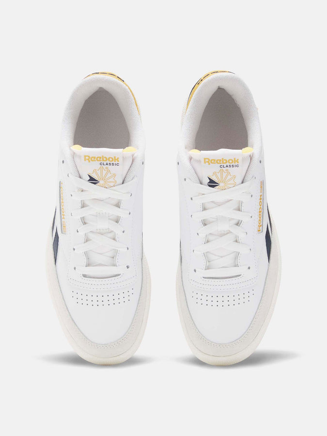 Reebok Club C 85 Twisted White/Navy/Gold Shoes Fall 2023 | WHITE/VECTOR NAVY/GOLD