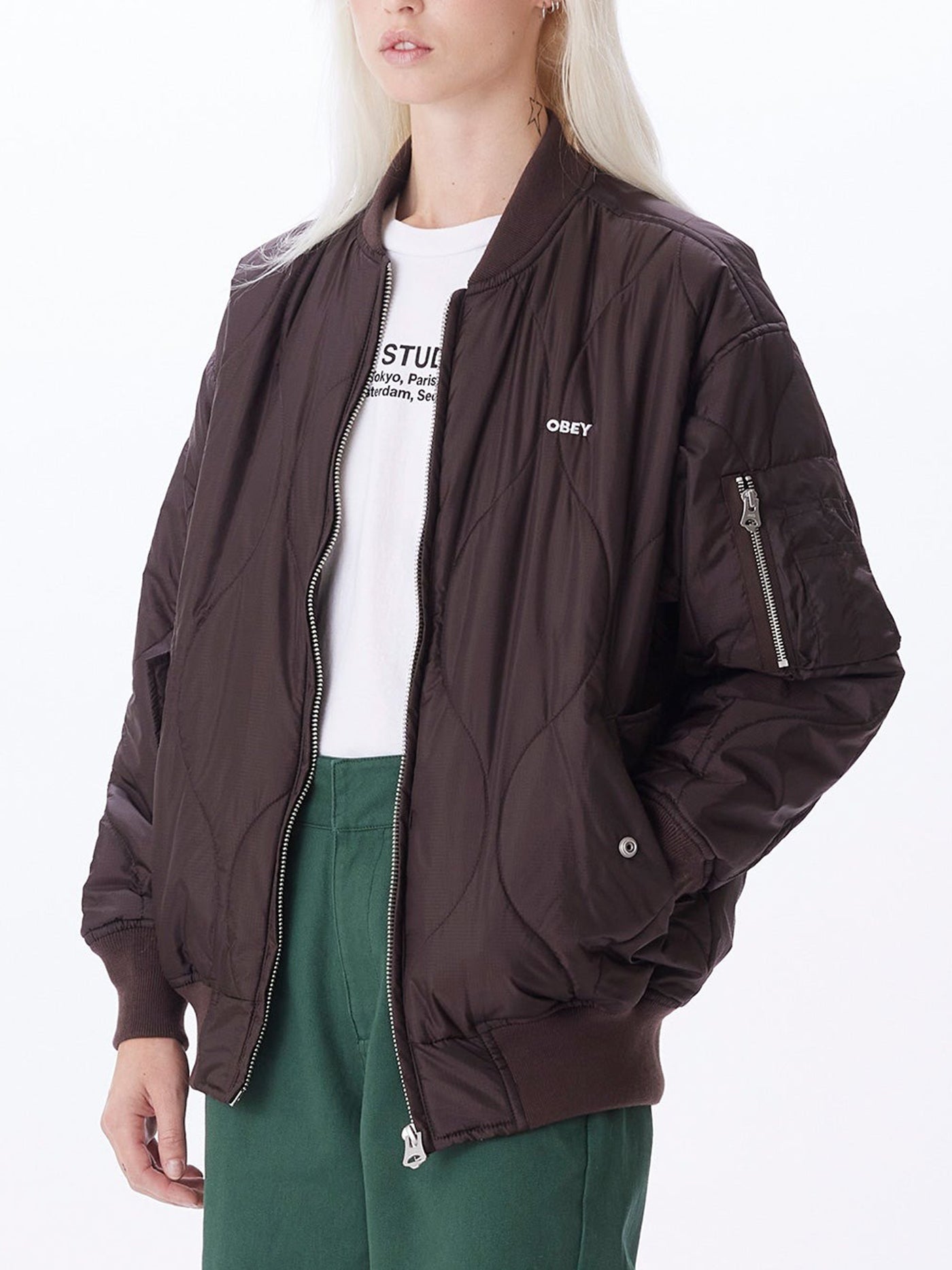 Obey leather clearance bomber jacket