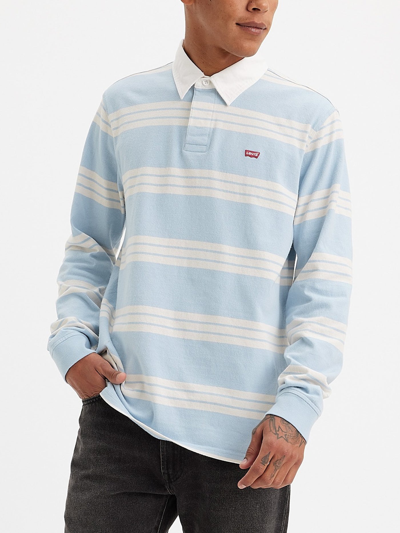 Levis Classic Rugby Hemlock Stripe Chambray Polo Spring 2024