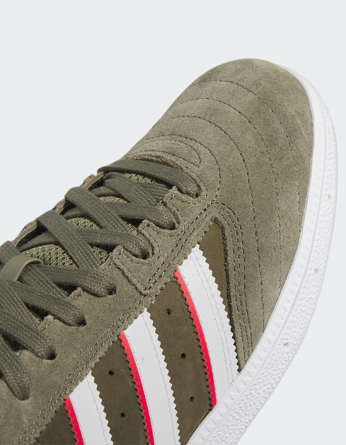 Adidas x Dan Mancina Busenitz Olive Strata Shoes Spring 2024 | OLIVE STRATA/RED/WHITE