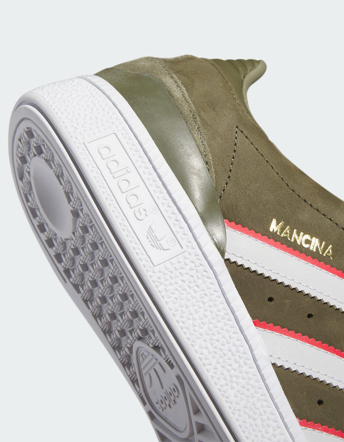Adidas x Dan Mancina Busenitz Olive Strata Shoes Spring 2024 | OLIVE STRATA/RED/WHITE