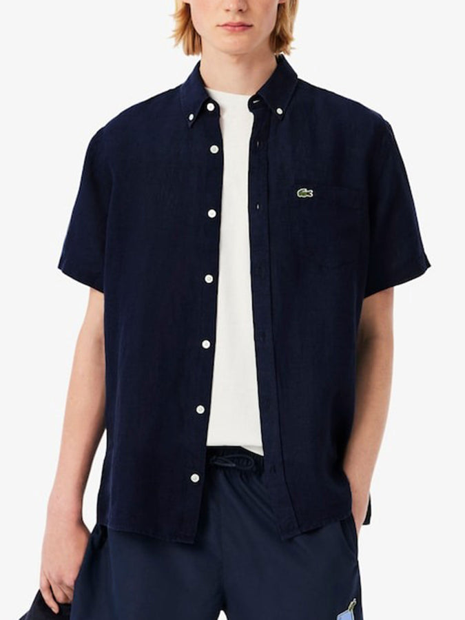 Lacoste Linen Short Sleeve Buttondown Shirt Holiday 2025 | NAVY BLUE (166)