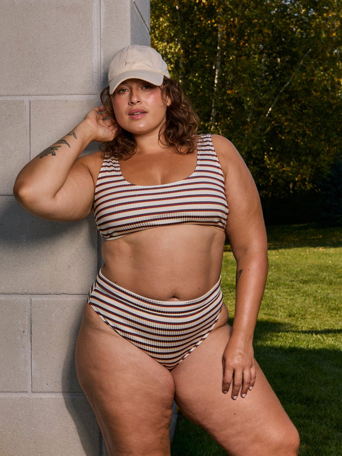 Nana The Brand Genevieve Shiny Rib Bikini Bottom Spring 2026 | MULTI BURGUNDY STRIPES