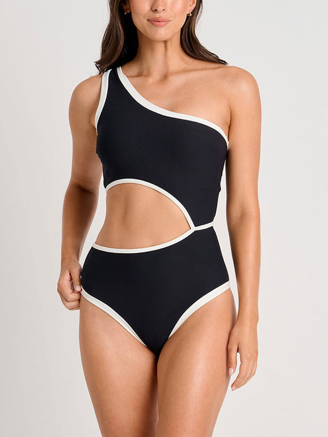 ES Blk Recycled Rib 1 Shoulder One Piece Swimsuit Spring 2026 | BLACK