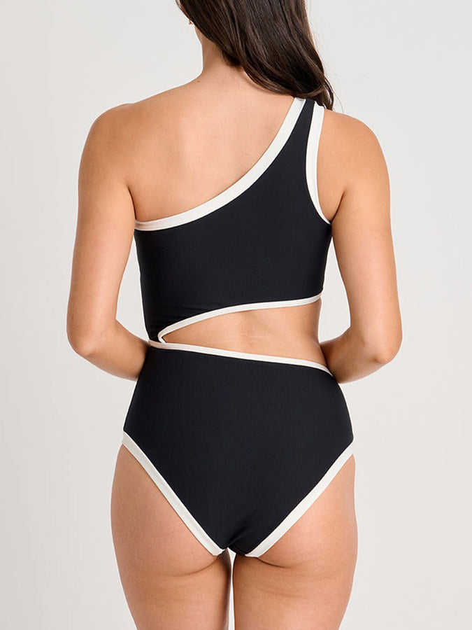 ES Blk Recycled Rib 1 Shoulder One Piece Swimsuit Spring 2026 | BLACK