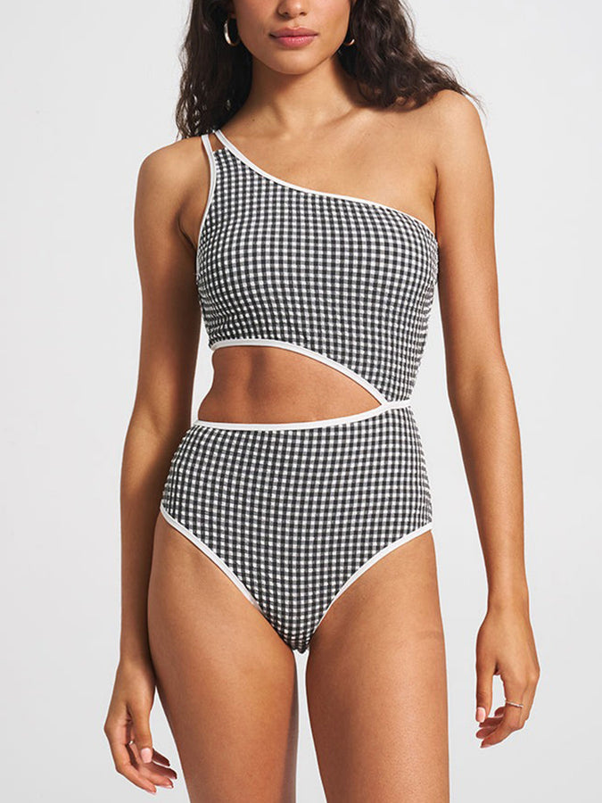 ES Gingham Texture Cami One Shoulder OP Swimsuit Summer 2026 | BLACK SAND CHECK