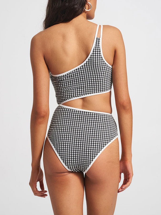ES Gingham Texture Cami One Shoulder OP Swimsuit Summer 2026 | BLACK SAND CHECK