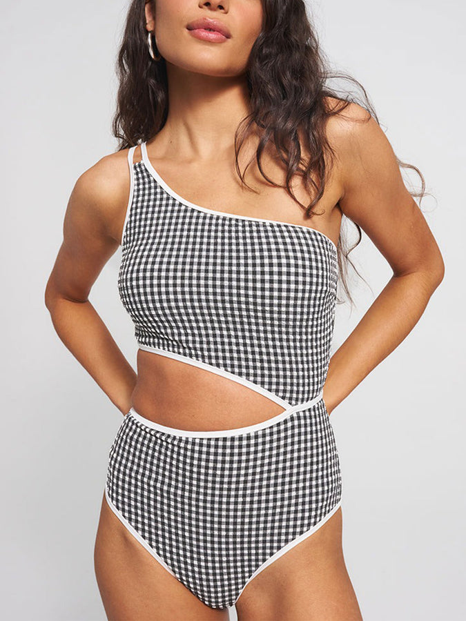 ES Gingham Texture Cami One Shoulder OP Swimsuit Summer 2026 | BLACK SAND CHECK