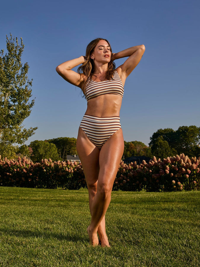 Nana The Brand Genevieve Shiny Rib Bikini Bottom Spring 2026 | MULTI BURGUNDY STRIPES