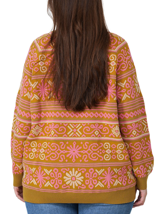 NTR Nordic Floral Textured Sweater Holiday 2026 | OCHRE/LIGHT GREEN/PINK