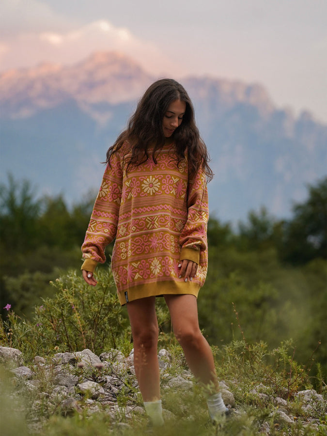 NTR Nordic Floral Textured Sweater Holiday 2026 | OCHRE/LIGHT GREEN/PINK