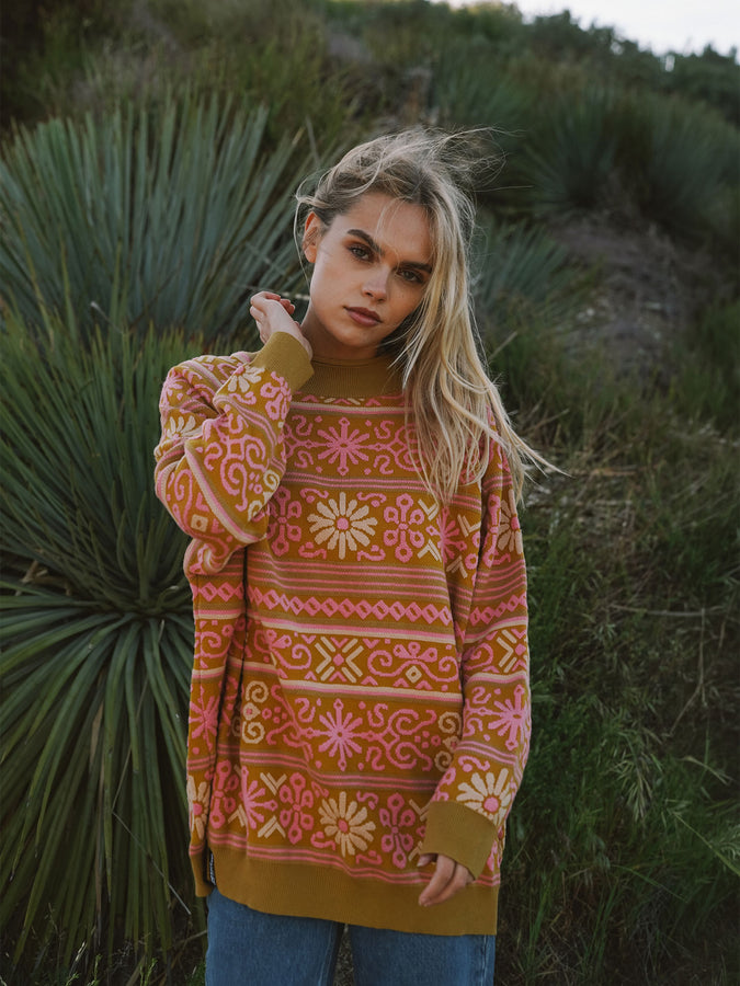 NTR Nordic Floral Textured Sweater Holiday 2026 | OCHRE/LIGHT GREEN/PINK
