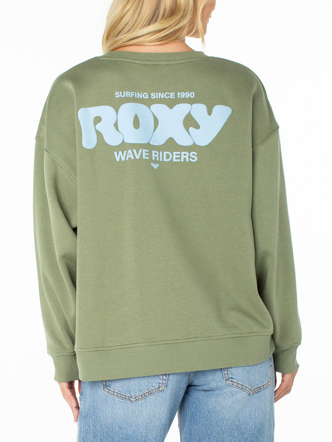 Roxy Morning Stroll Crewneck Sweatshirt Fall 2026 | OIL GREEN WAVE RIDRS CLB (GLD)
