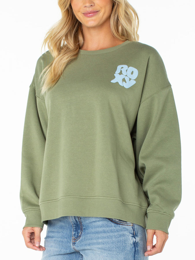 Roxy Morning Stroll Crewneck Sweatshirt Fall 2026 | OIL GREEN WAVE RIDRS CLB (GLD)