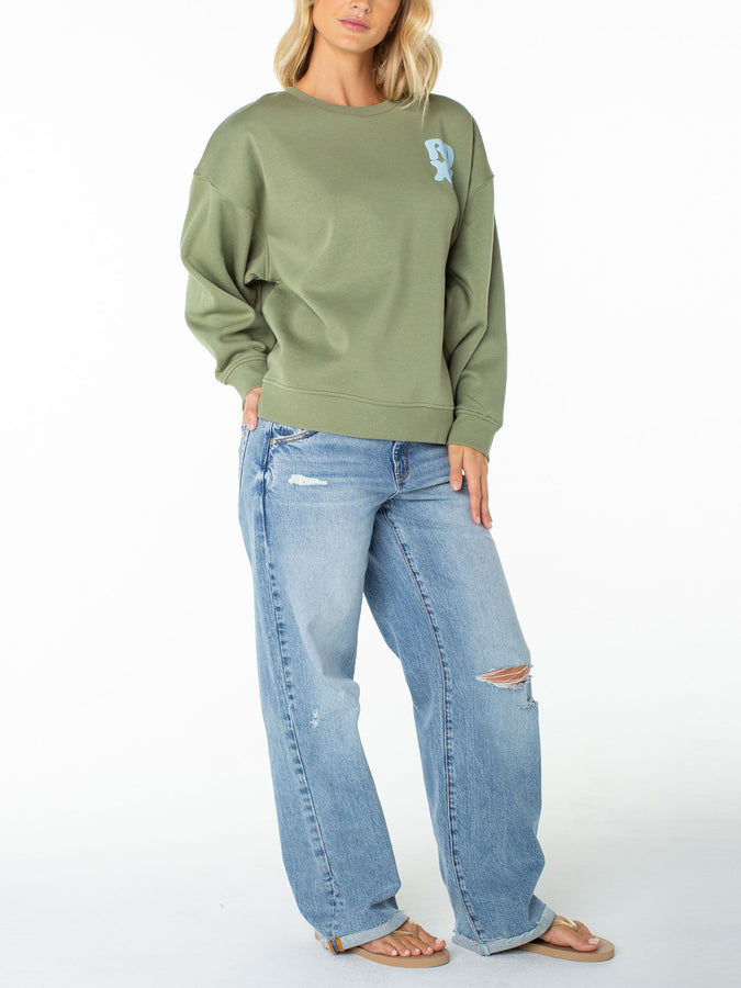 Roxy Morning Stroll Crewneck Sweatshirt Fall 2026 | OIL GREEN WAVE RIDRS CLB (GLD)