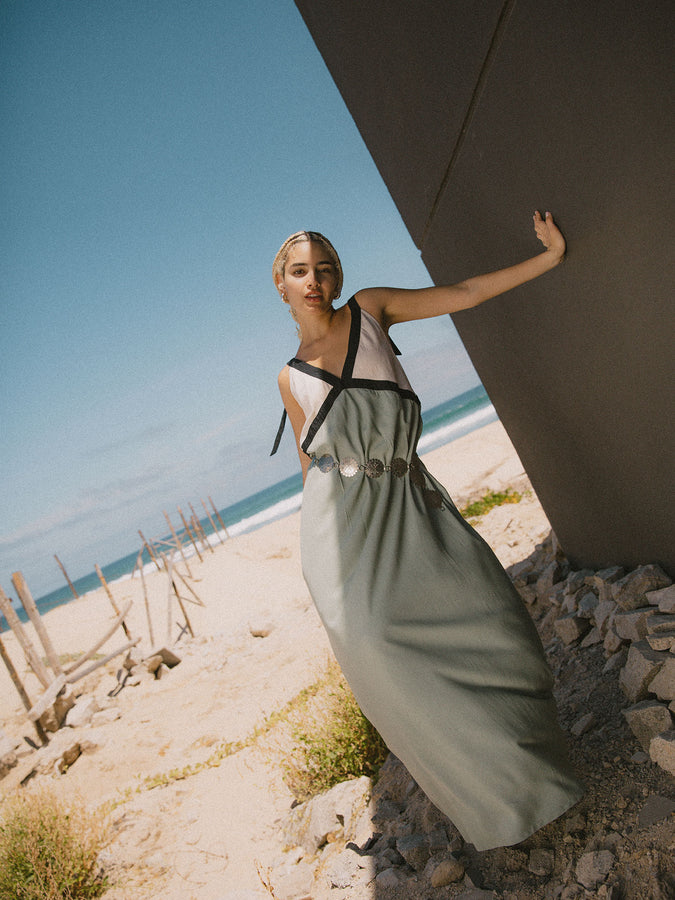 Brixton Sunset Tie Slip Dress Spring 2026 | SAGE GREEN/WHITECAP