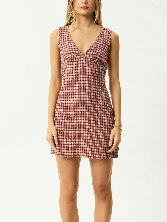 Afends Capricorn Dress Spring 2026 | BURGUNDY/BEIGE CHECK