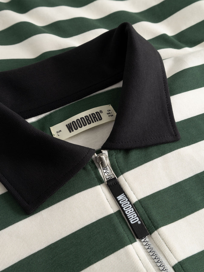 Woodbird Hiro Stripe Zip Long Sleeve Polo Spring 2026 | PINE GREEN