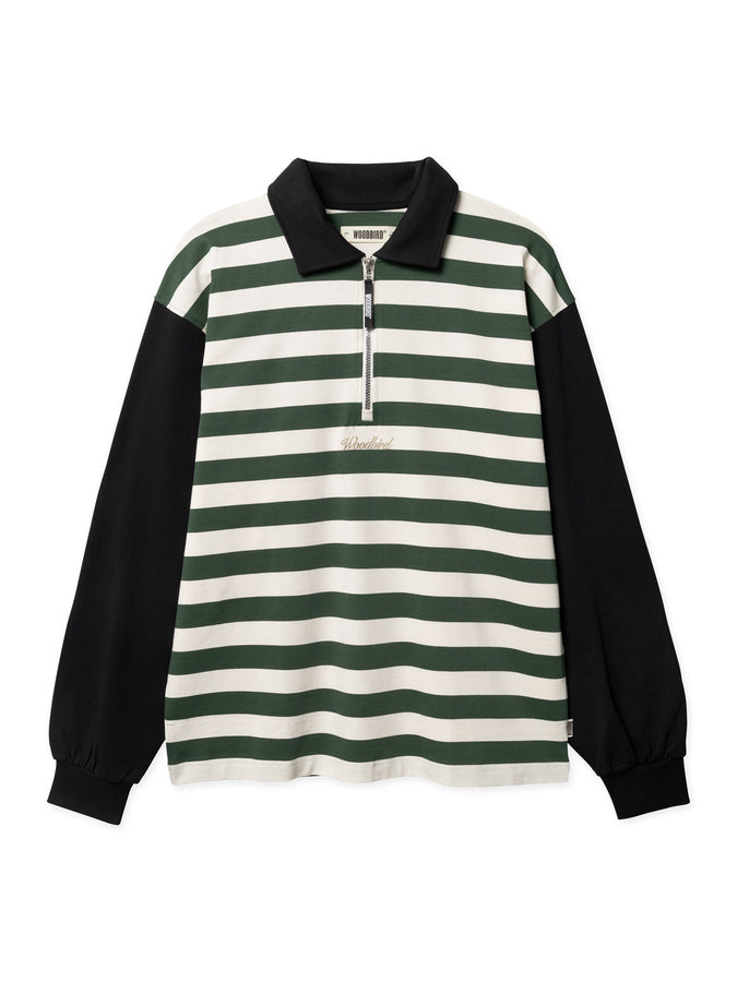 Woodbird Hiro Stripe Zip Long Sleeve Polo Spring 2026 | PINE GREEN
