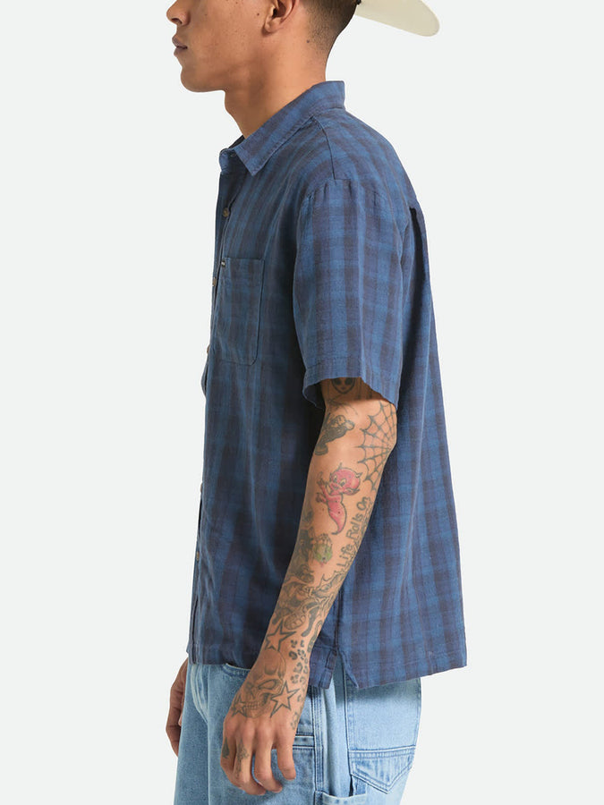 Brixton Cru Linen Blend Plaid Short Sleeve Buttondown Shirt Summer 2026 | DARK BLUE/BLACK PLAID