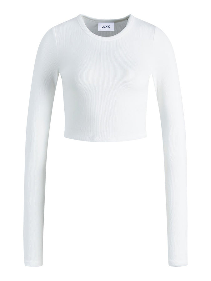 JJXX Feline Rib Crop Long Sleeve T-Shirt | BRIGHT WHITE