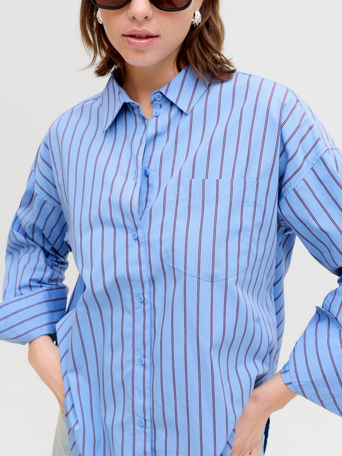 JJXX Jamie Poplin Long Sleeve Buttondown Shirt Spring 2026 | VISTA BLUE