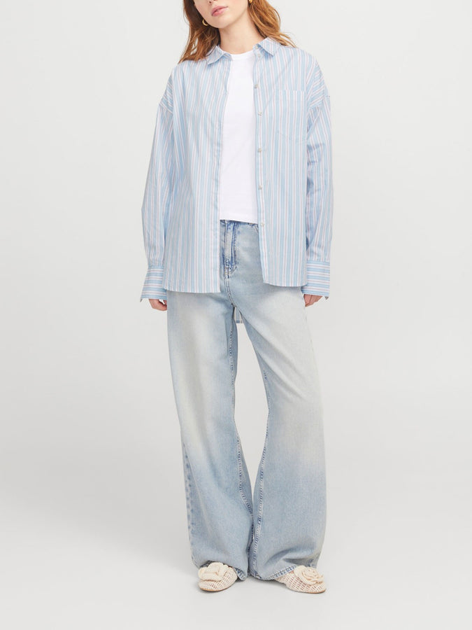 JJXX Jamie Poplin Long Sleeve Buttondown Shirt Fall 2025 | NAVY BLAZER STRIPES