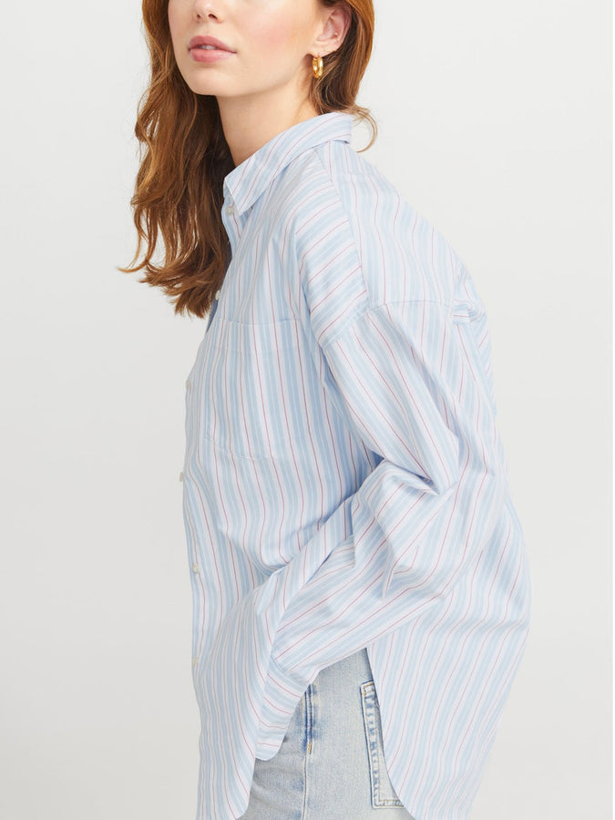 JJXX Jamie Poplin Long Sleeve Buttondown Shirt Fall 2025 | NAVY BLAZER STRIPES