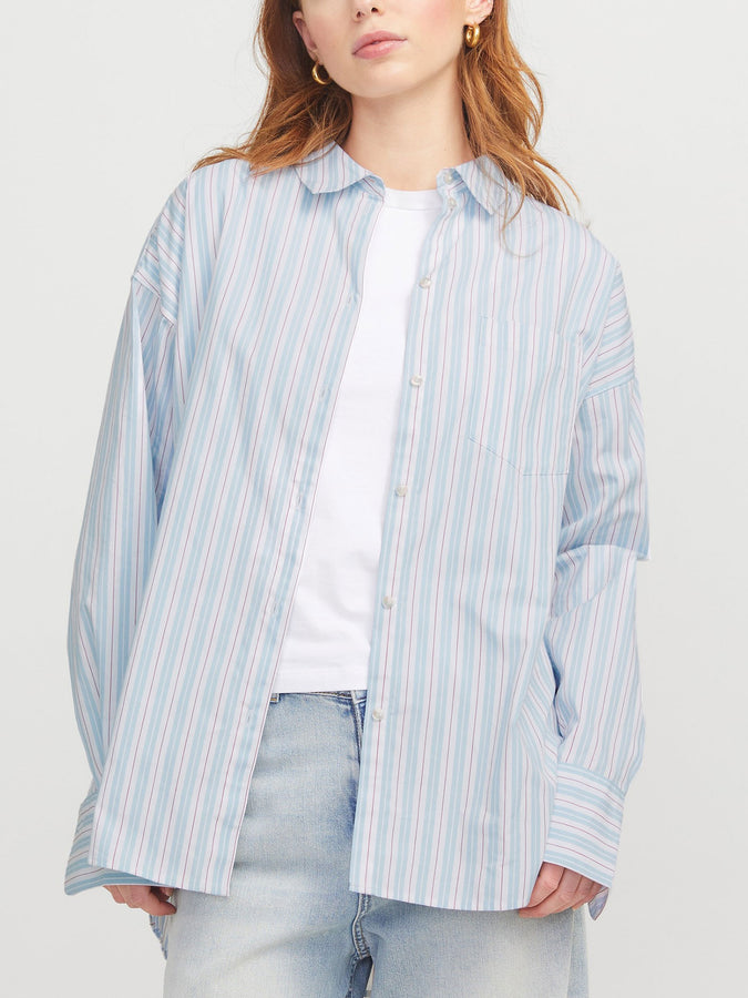 JJXX Jamie Poplin Long Sleeve Buttondown Shirt Fall 2025 | NAVY BLAZER STRIPES