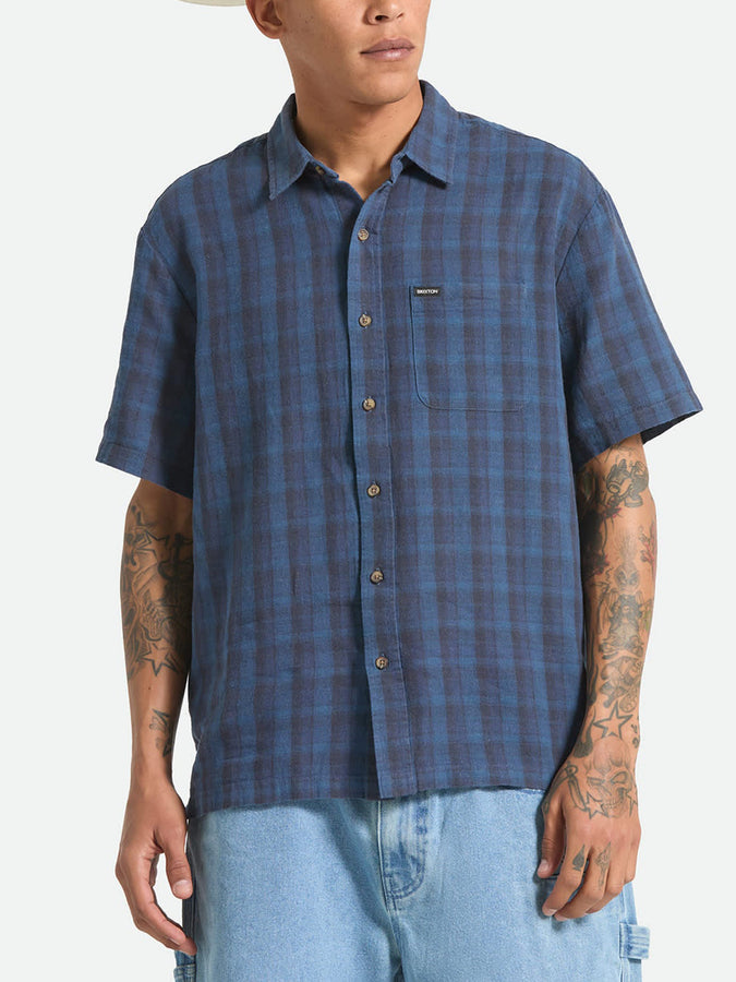 Brixton Cru Linen Blend Plaid Short Sleeve Buttondown Shirt Summer 2026 | DARK BLUE/BLACK PLAID