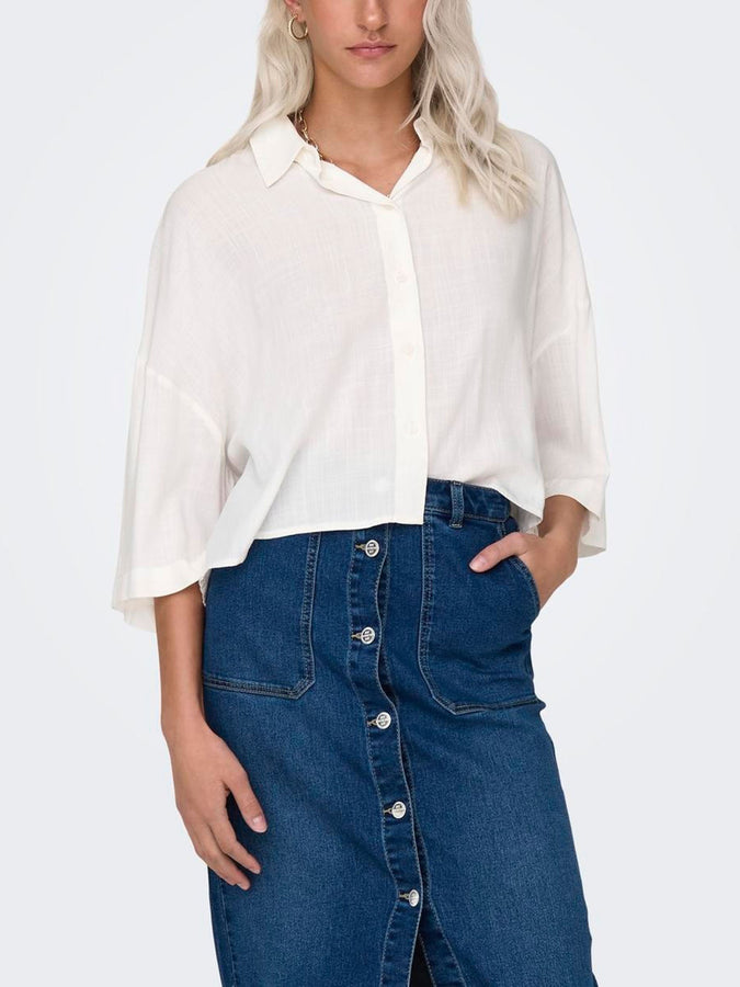 Only Summer 2024 Astrid Life Crop Short Sleeve Buttondown Shirt |  CLOUD DANCER