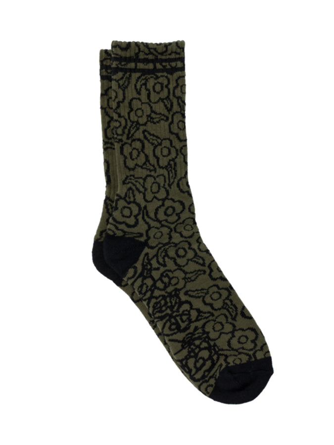 Krooked Multi Flowers Socks | OLIVE/BLACK