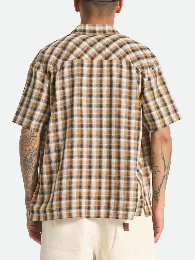 Brixton Cru Linen Blend Plaid Short Sleeve Buttondown Shirt Summer 2026 | BLACK/TOBACCO PLAID
