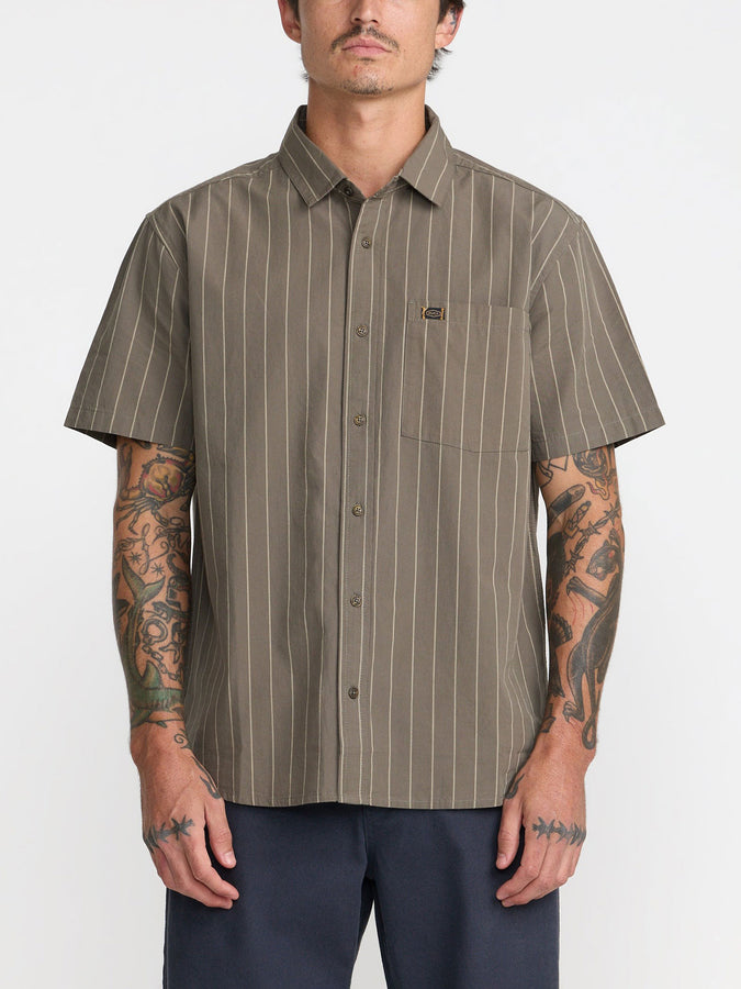Rvca Dayshift Workwear Stripe Short Sleeve Buttondown Shirt Fall 2026 | MUSHROOM (MSH)