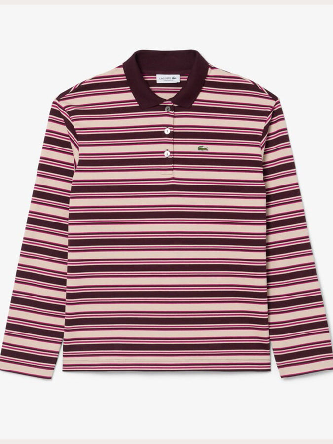 Lacoste Oversized Stripe Long Sleeve Polo Fall 2026 | DARK BURGUNDY/BEIGE/PINK (ST7)