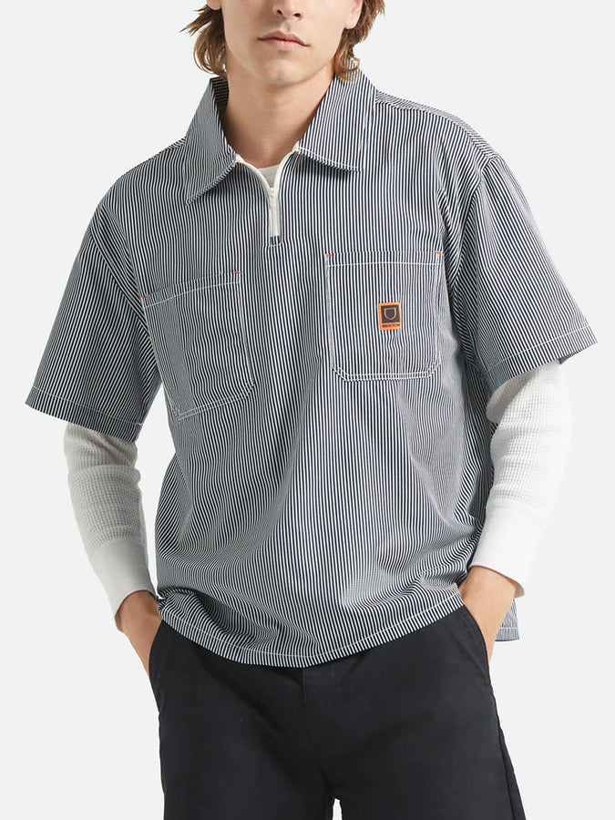 Brixton Journey Lightweight 1/4 Zip Short Sleeve Buttondown Shirt Spring 2026 | NAVY/WHITE STRIPE