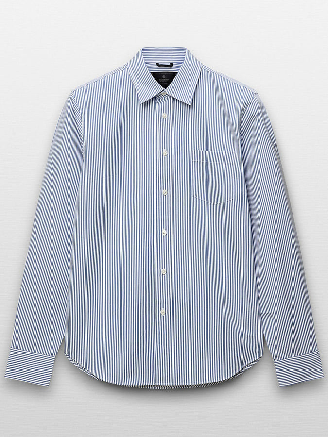 Reigning Champ Poplin Stripe Alumni Long Sleeve Buttondown Shirt | WHITE/BLUE