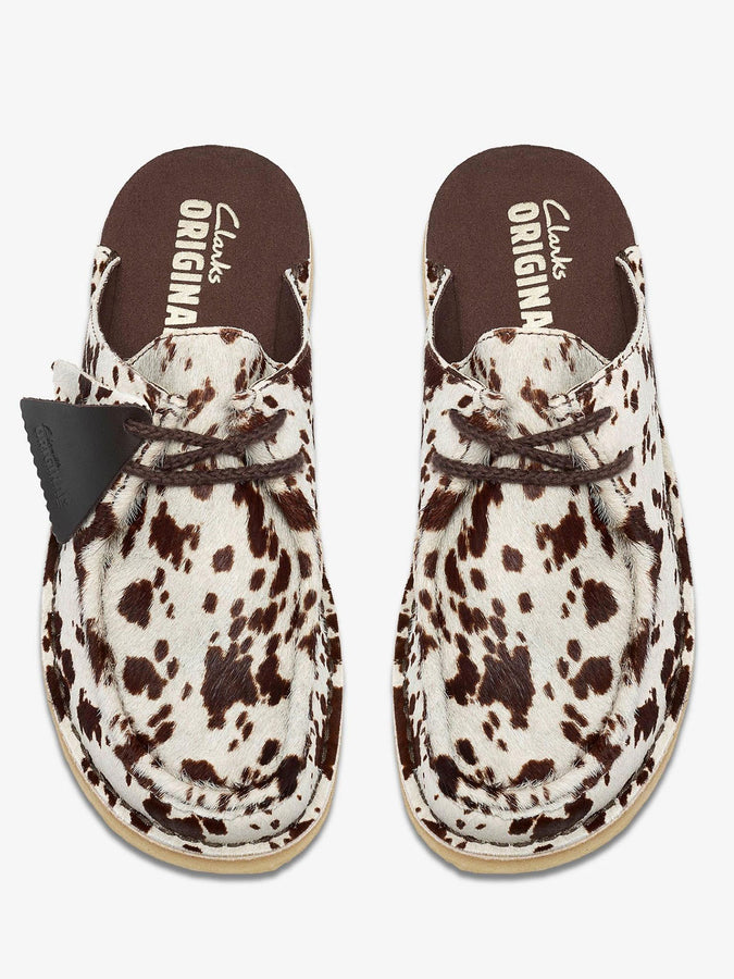 Clarks Desert Nomad Mule Brown Cow Print Shoes Fall 2026 | BROWN COW PRINT