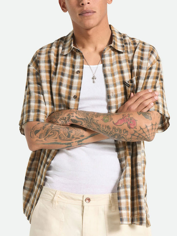 Brixton Cru Linen Blend Plaid Short Sleeve Buttondown Shirt Summer 2026 | BLACK/TOBACCO PLAID