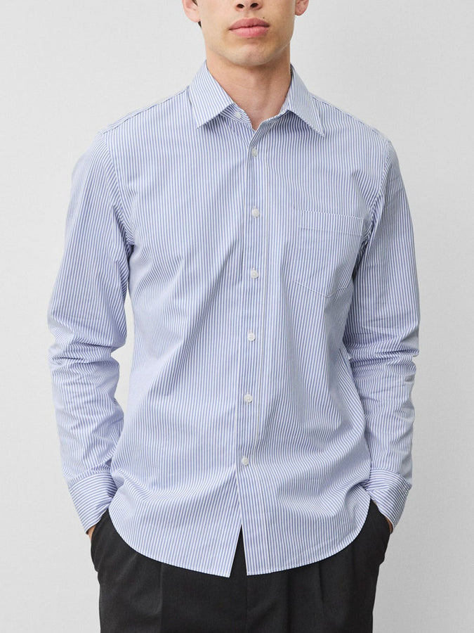Reigning Champ Poplin Stripe Alumni Long Sleeve Buttondown Shirt | WHITE/BLUE