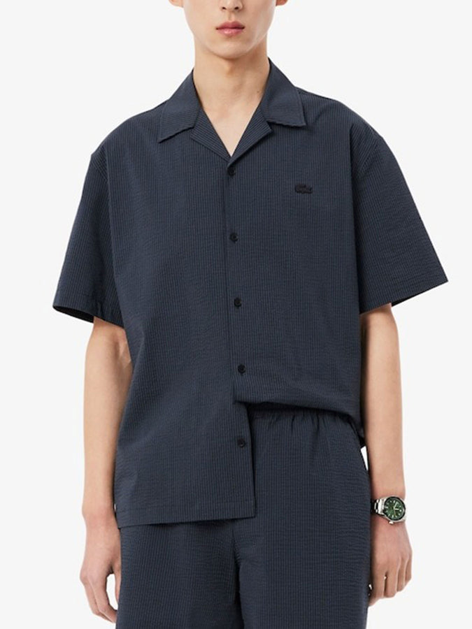 Lacoste Relaxed Seersucker Short Sleeve Buttondown Shirt Spring 2026 | BLACK/DARK GREY (4CI)
