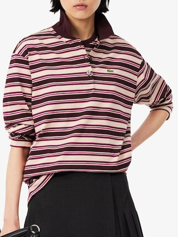 Lacoste Oversized Stripe Long Sleeve Polo Fall 2026 | DARK BURGUNDY/BEIGE/PINK (ST7)